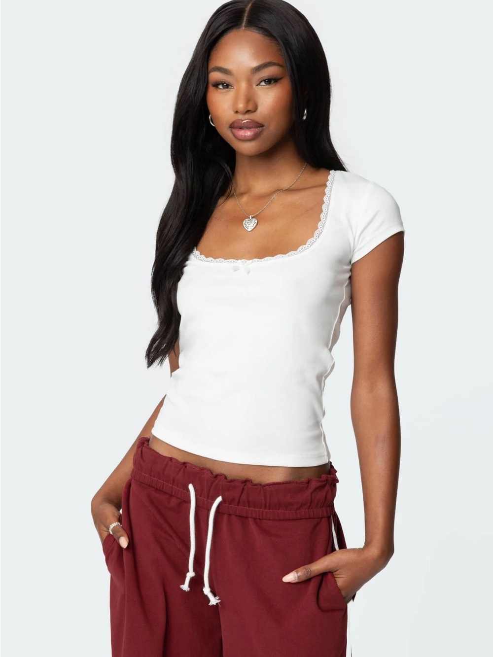 Edikted White Short Sleeve Scoop Neck Tee with Lace Trim